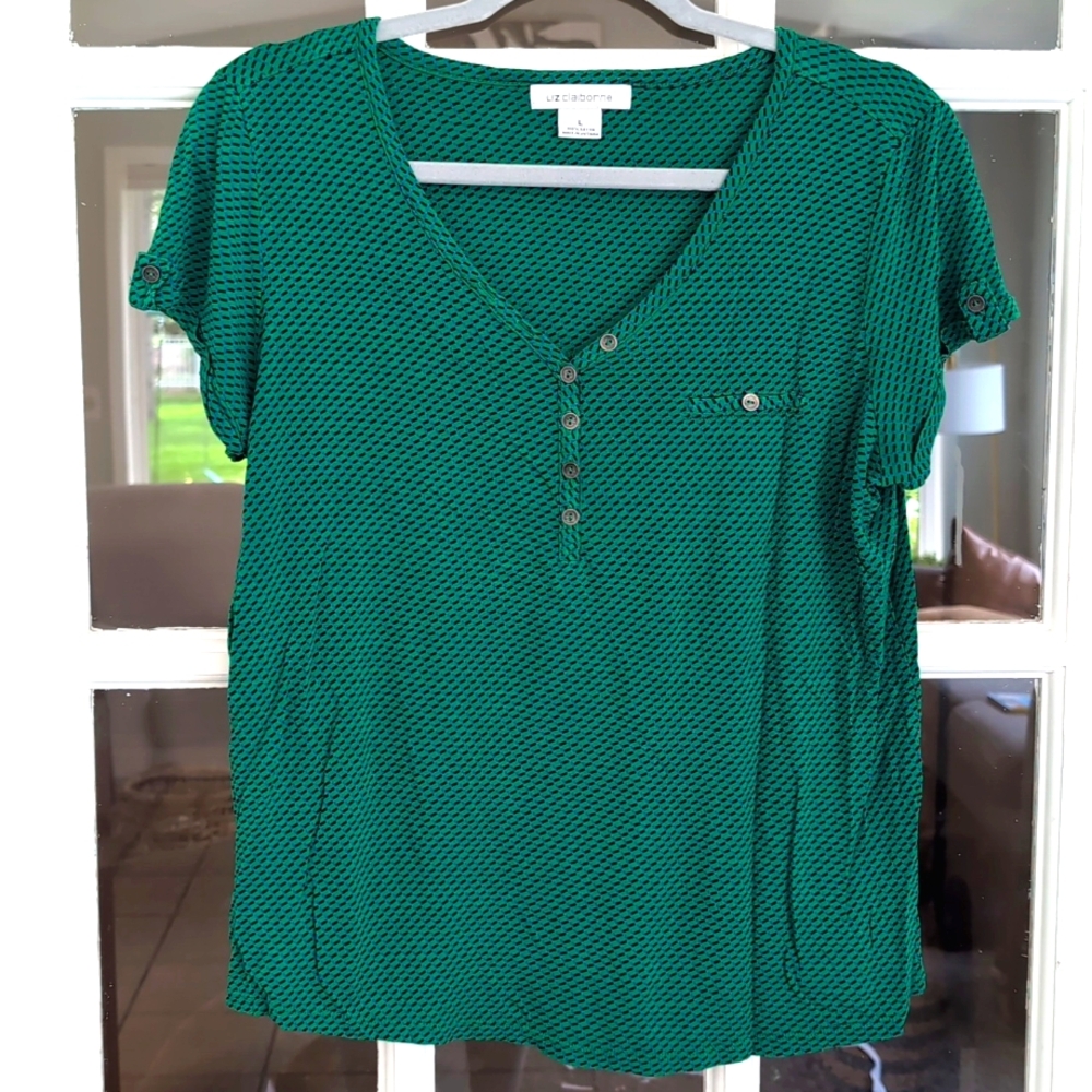 Women's Large Liz Claiborne Shirt Top Blouse Vibrant Green Soft Stretchy